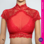 Freesia Neckband Lace Padded Blouse - Red