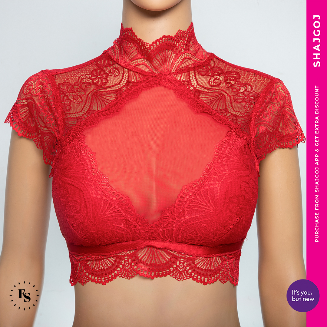 Freesia-Neckband-Lace-Padded-Blouse-Red-1 Freesia Neckband Lace Padded Blouse - Red - Image 1